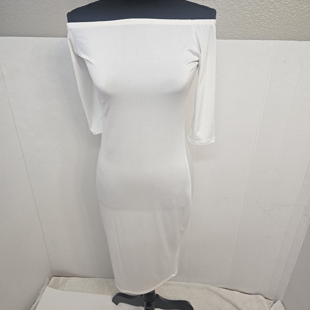 WHITE OFF THE SHOULDER BODYCON DRESS MIDI LENGHTH SZ LARGE SUMMER BRIDAL SHOWER